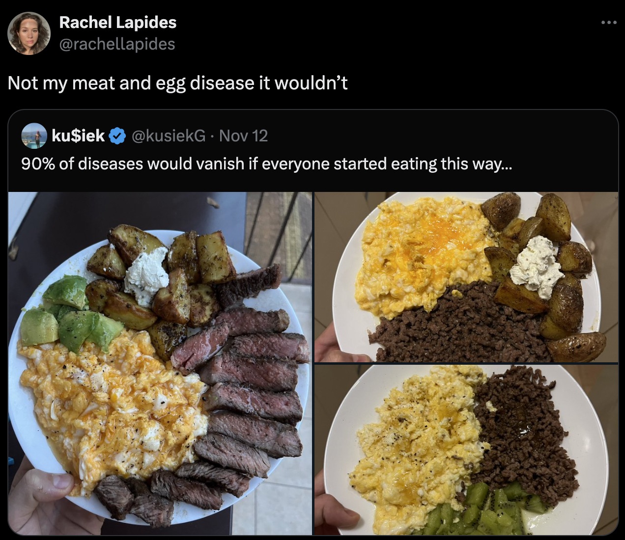 scrambled eggs - Rachel Lapides Not my meat and egg disease it wouldn't ku$iek Nov 12 90% of diseases would vanish if everyone started eating this way...